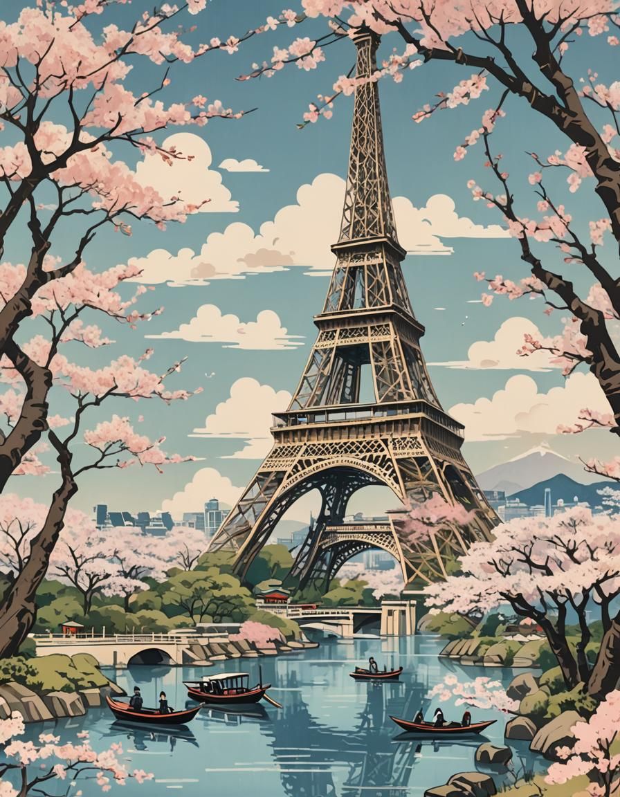 Eiffel Tower in Ukiyo-e Japanese Woodblock Style