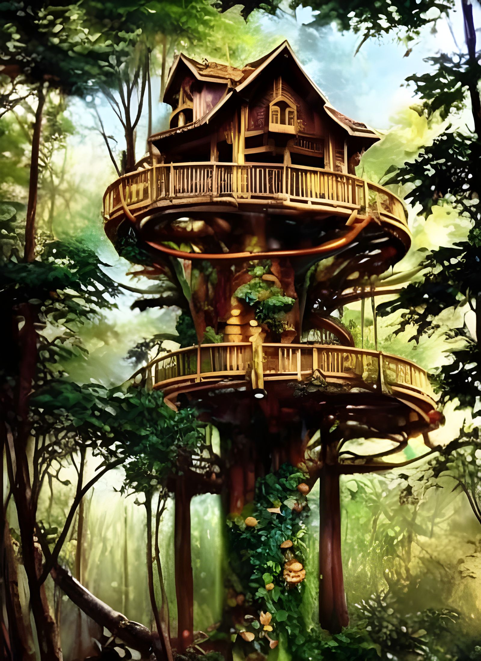 Rainforest Treehouse: Intricate Oil Painting