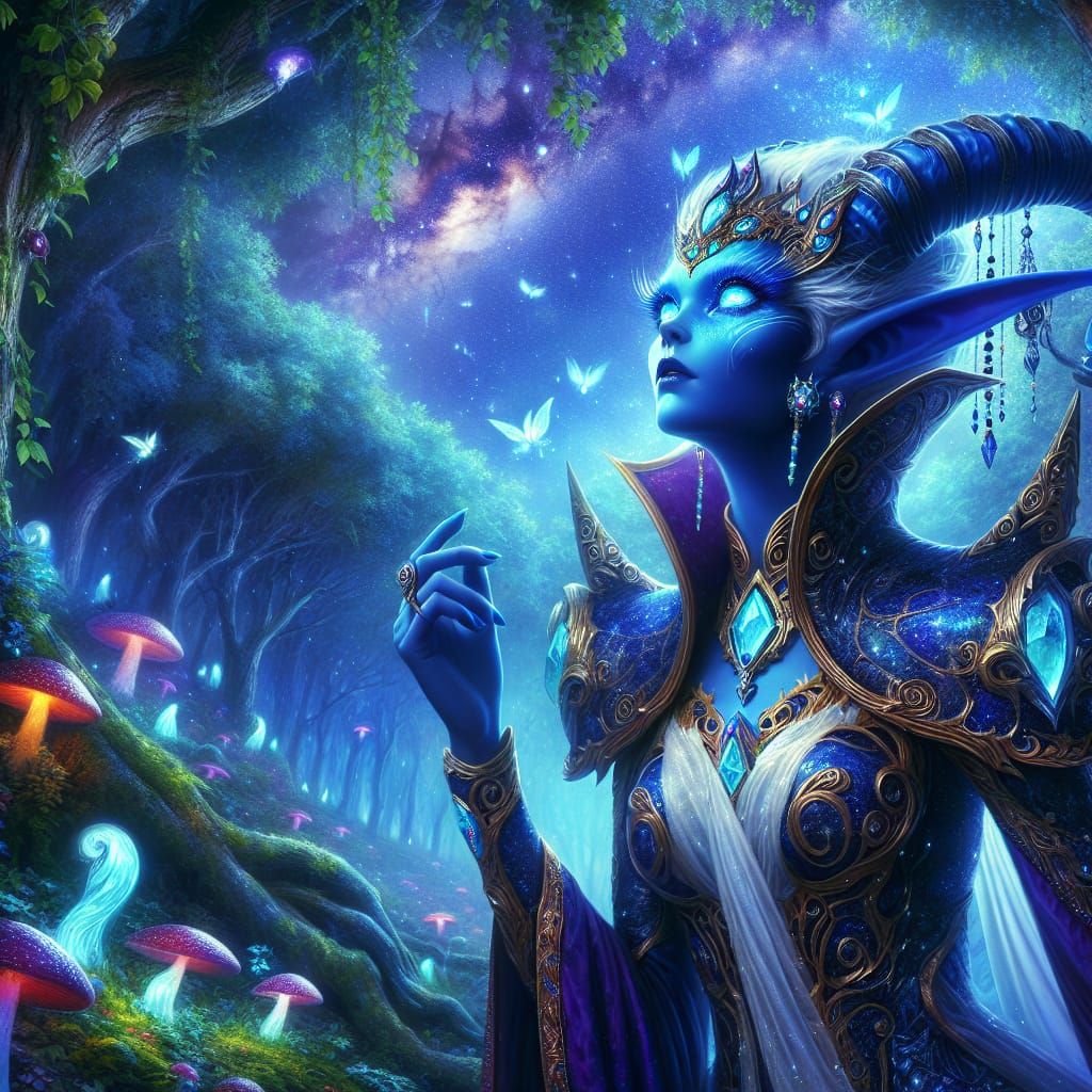 Ethereal Draenei Goddess Adorned in Azure and Gold