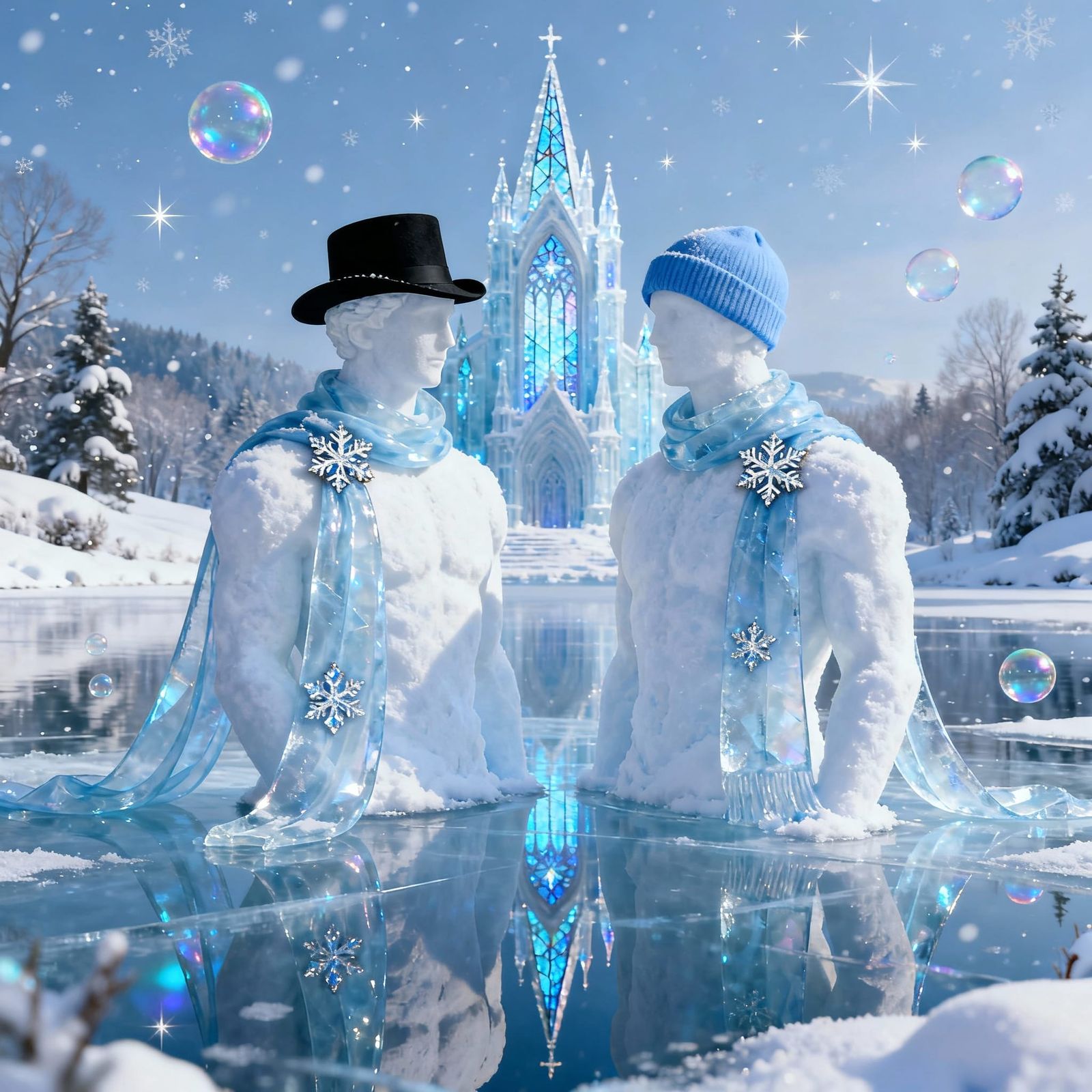 Elegant Snow Figures Before Ice Cathedral in Winter Wonderla...