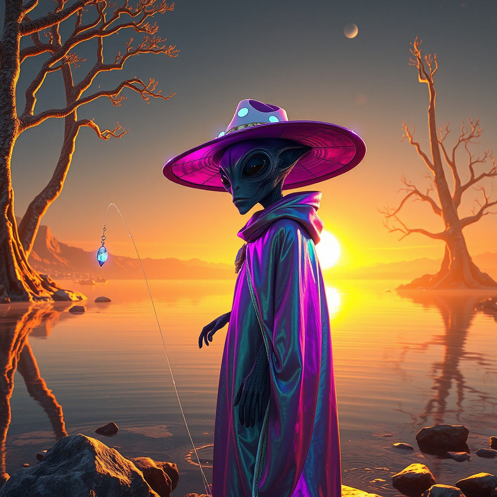 Alien Fishing on Distant Planet in Dreamlike Style