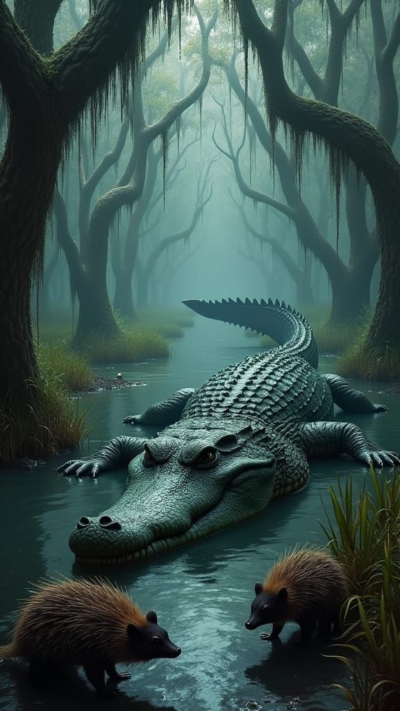Crocodile in Shadowy Swamp with Porcupine