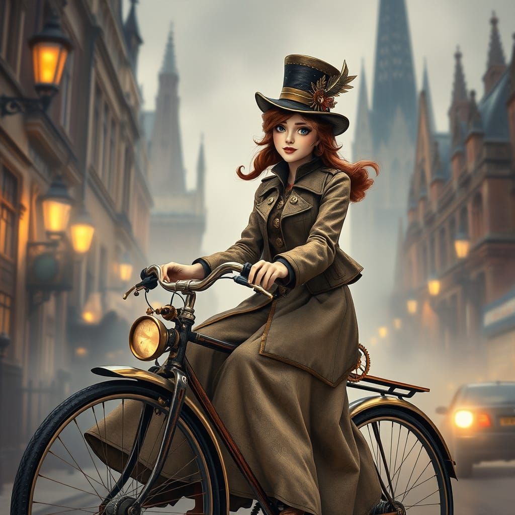 Steampunk Victorian Woman Rides Bicycle Through London in Wh...