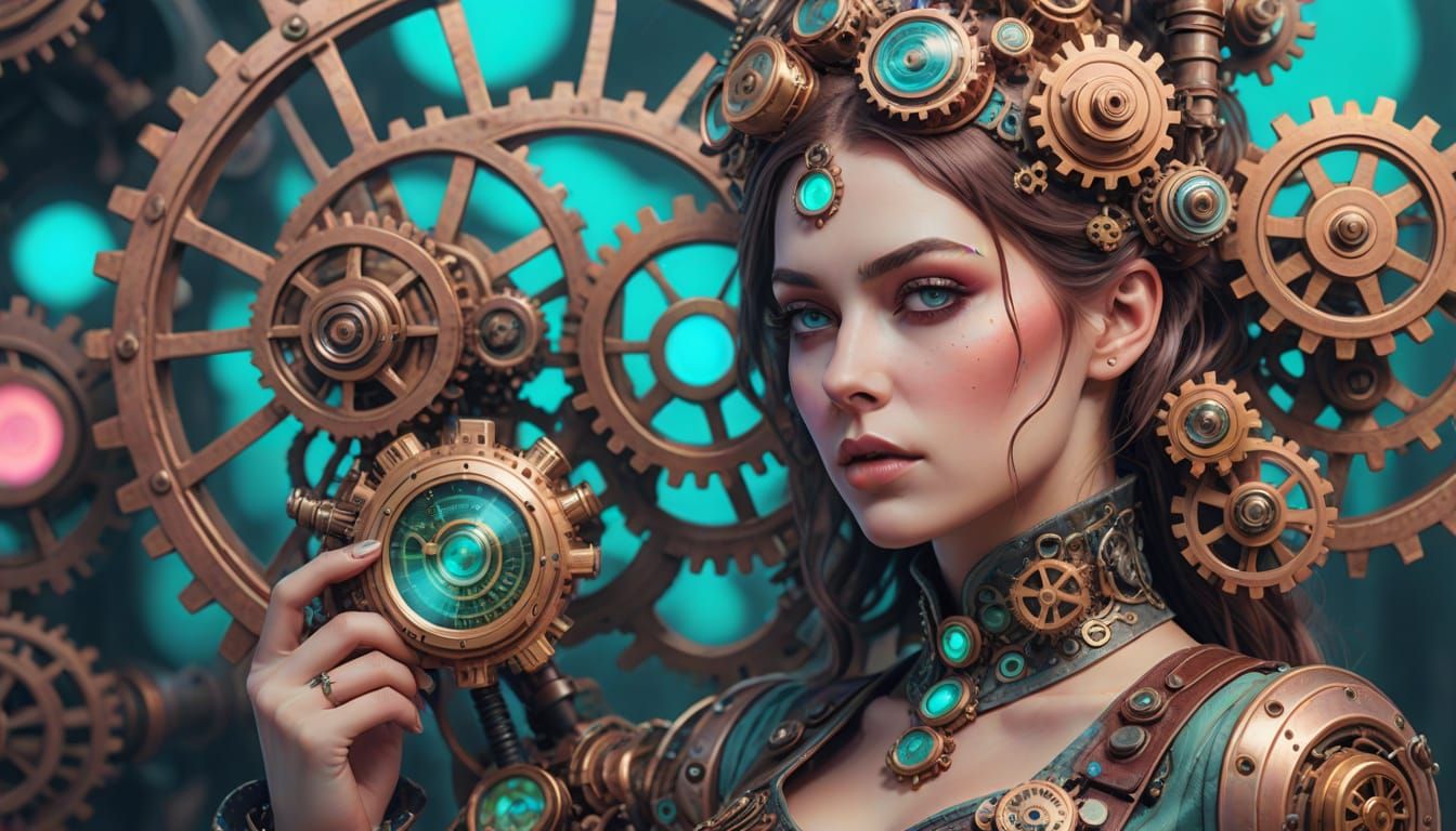 Steampunk Woman with Device in Vaporwave Surrealism