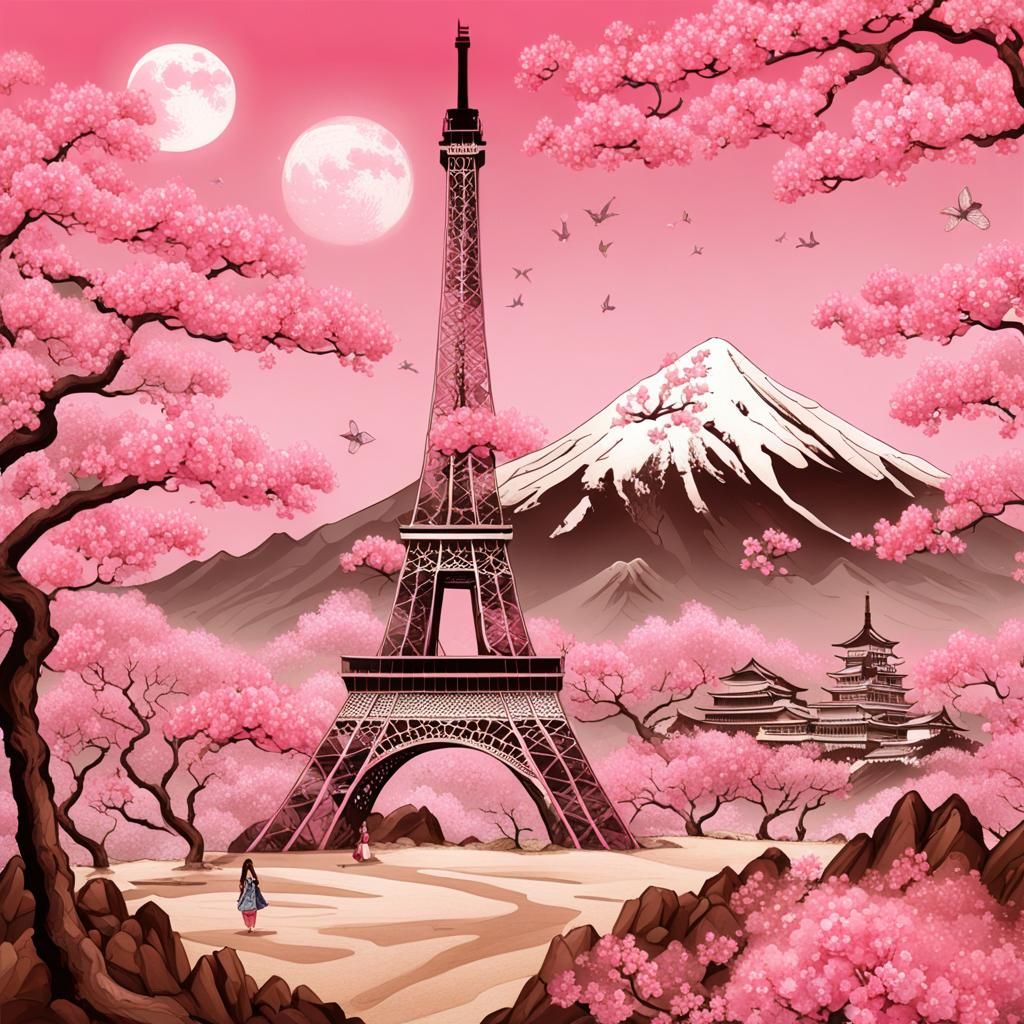 Sakura and Desert: Hokusai-Inspired Pink Landscape