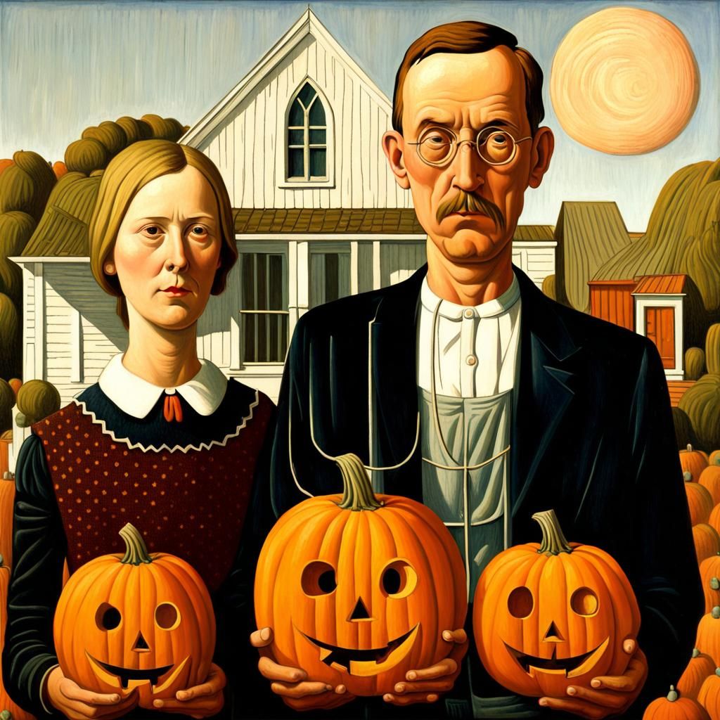 American Gothic Halloween with Jack-o'-Lanterns