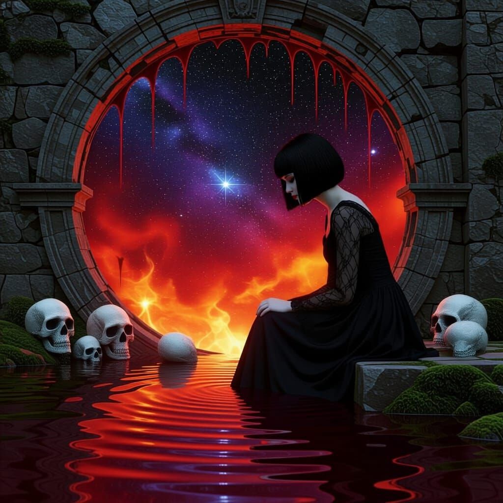 Gothic Girl Gazing into Cosmic Blood Portal