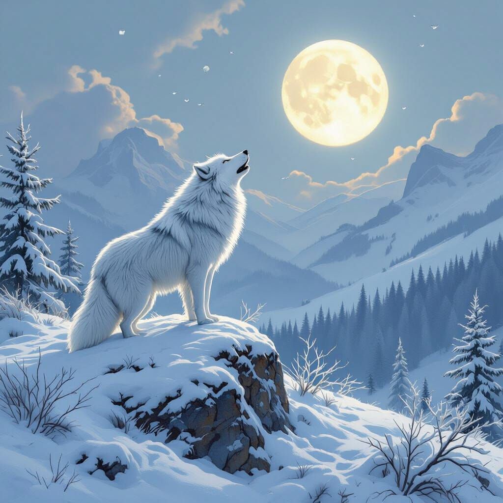 Silver Wolf Howling at Moon: Hyperrealistic Fantasy