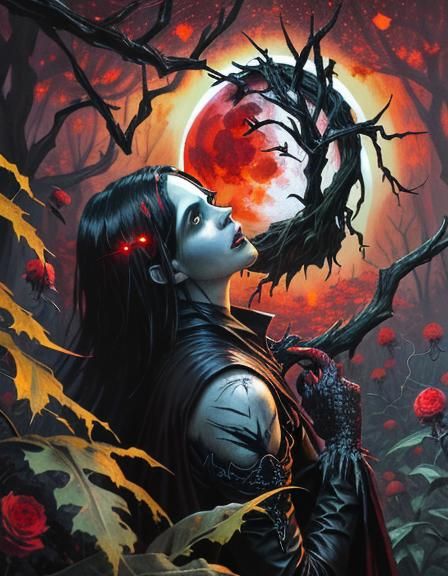 Evil Vampire in Thorn Forest: Macabre Dark Fantasy Art