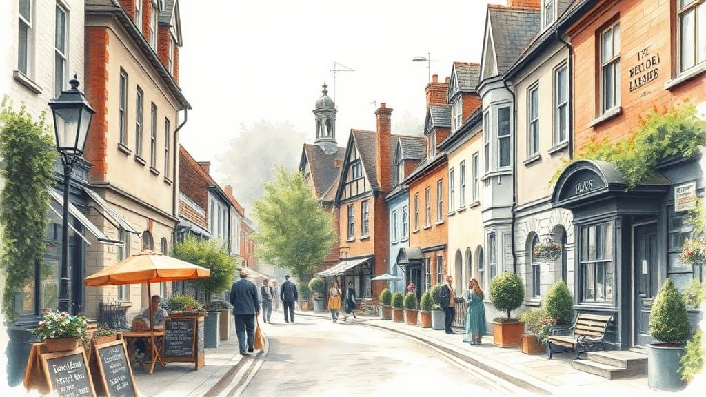 English Scene in Watercolor Style with Charcoal Details