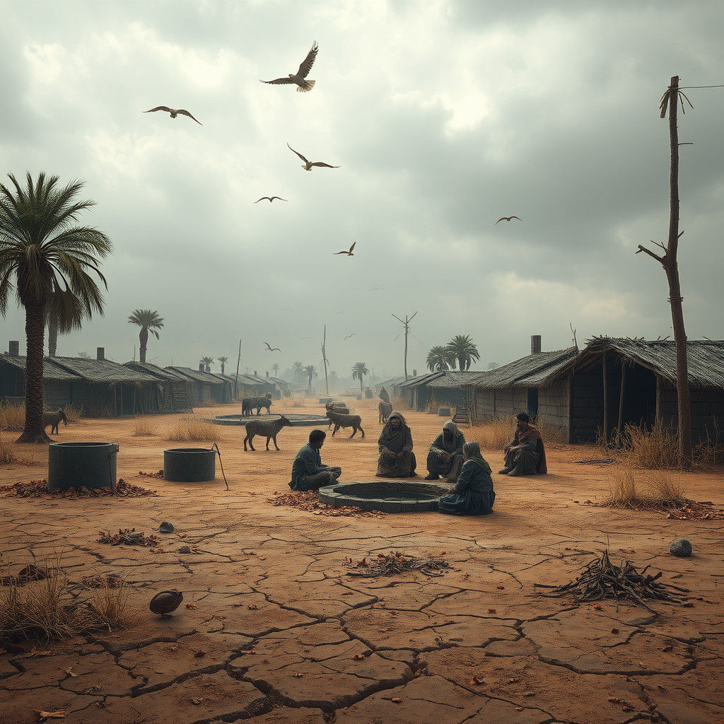 Desolate Village Under Overcast Sky: Matte Painting