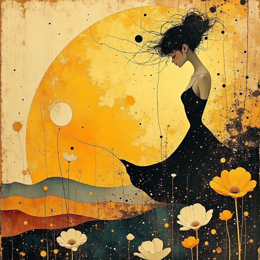 Ethereal Lady Dancing in Golden Light with Whimsical Ink Spl...