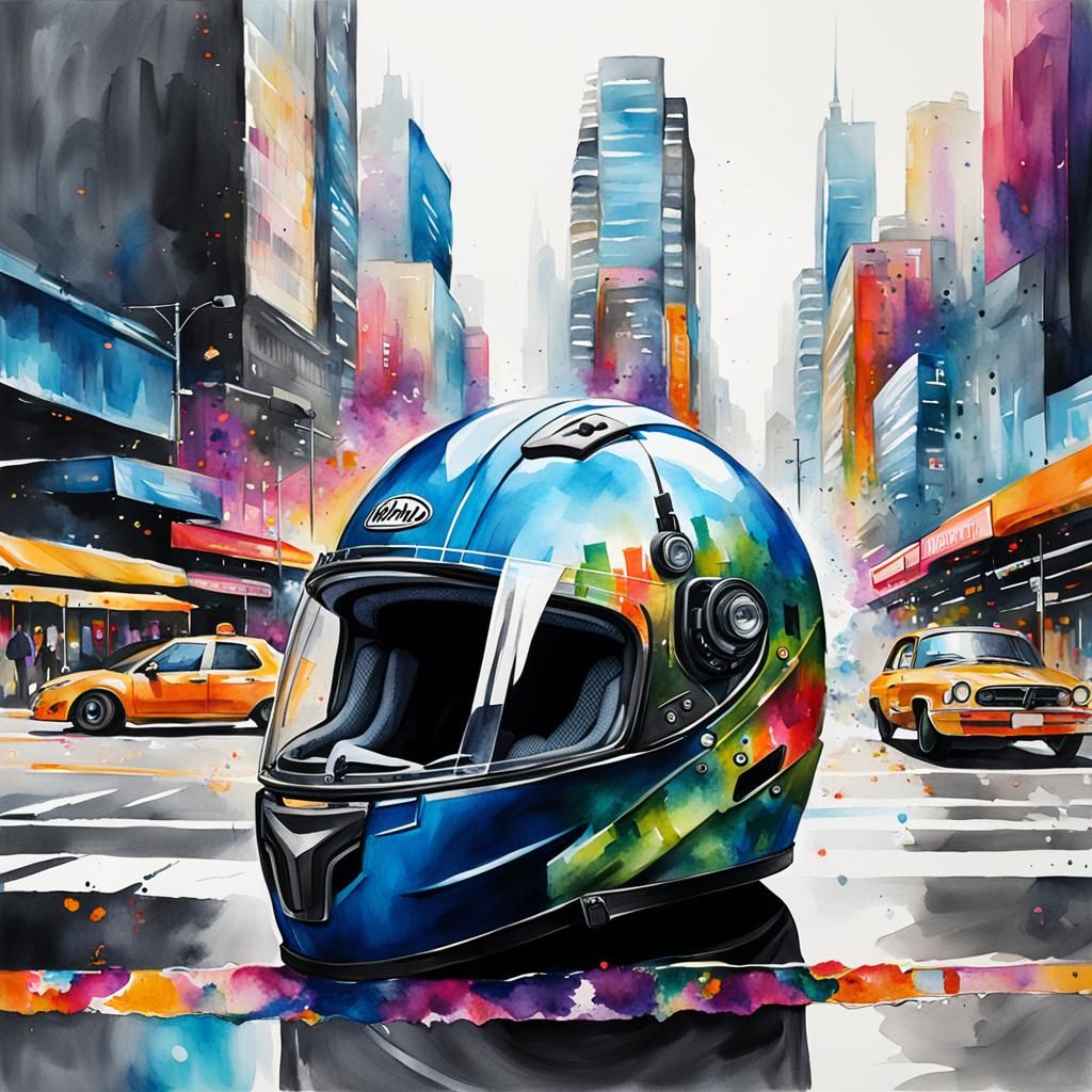 Helmet Cityscapes: AI-Generated Watercolor Art