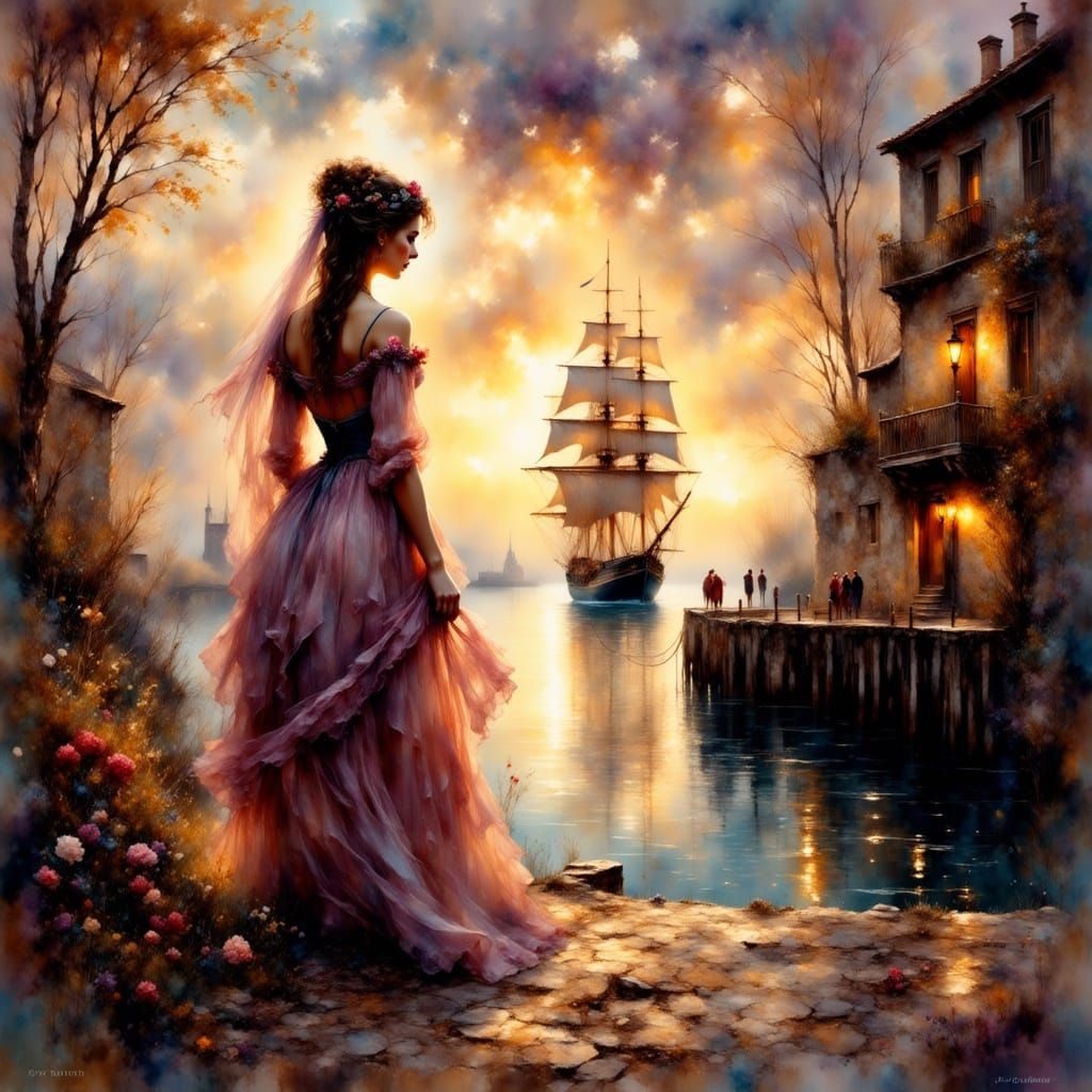 Woman Watches Sailing Ship in Golden Dusk, Historical Illust...