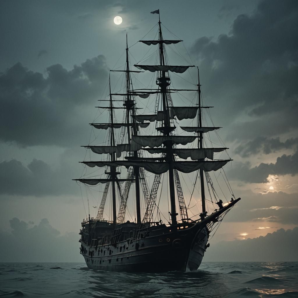 Eerie Ghost Ship at Sea in Cinematic Still