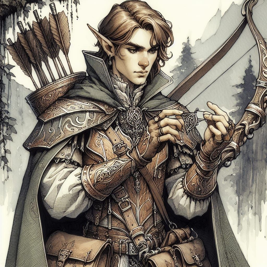 Elegant Elf Archer in Mythril Armor Contemplates Destiny