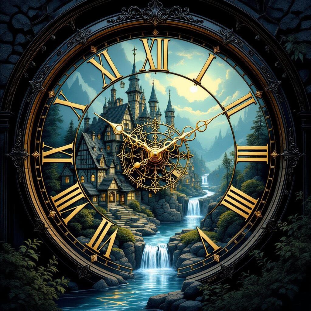 Intricate Clock with Village, River Hands, and Rock Numbers