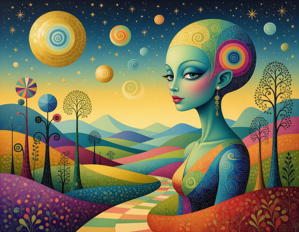 Surreal Multicolored Alien Landscape with Gold Leaf