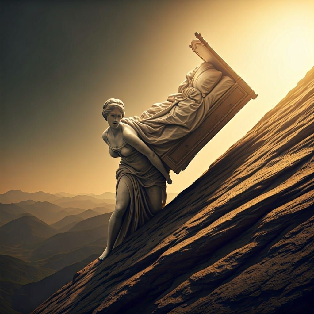 A Sisyphean Woman Pushes an Unyielding Bed