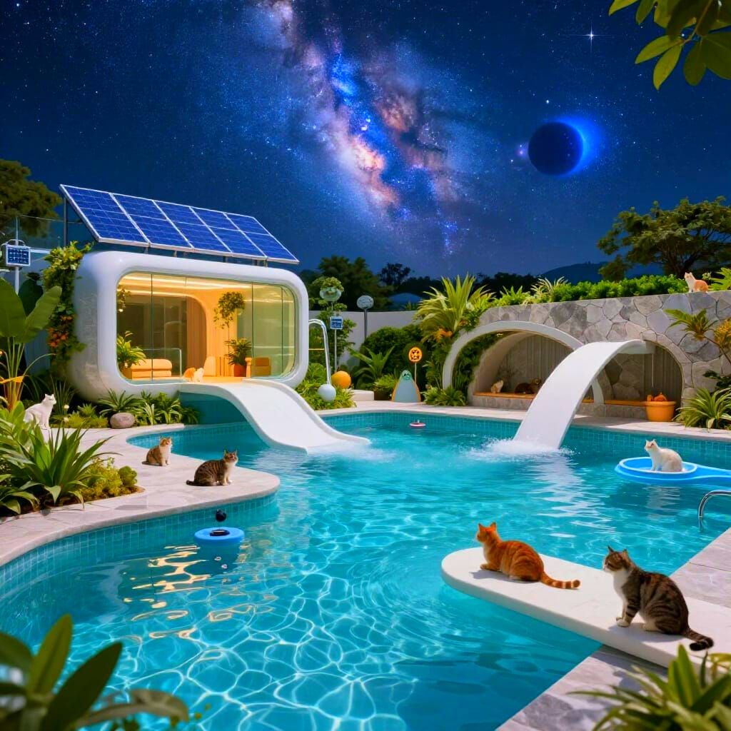 Futuristic Cat Pool with Eco-Friendly Design and Night Sky