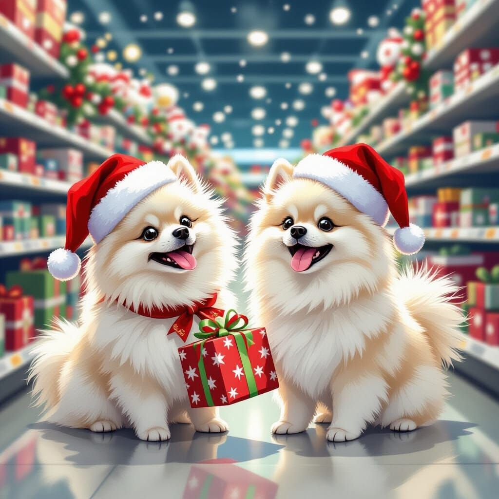 Pomeranians Christmas Shopping in Whimsical Illustration Sty...