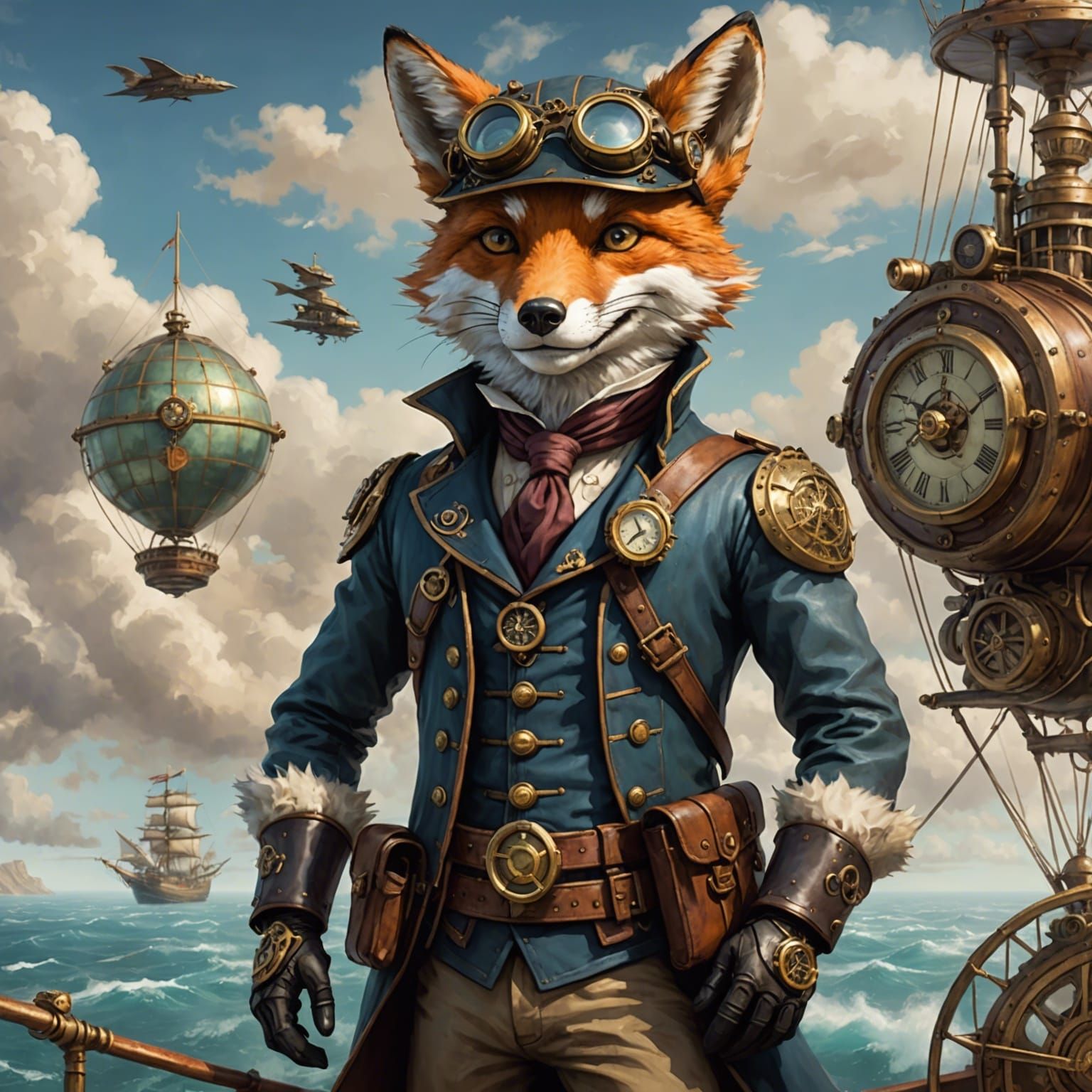 Steampunk Fox Adventurer Navigating an Airship