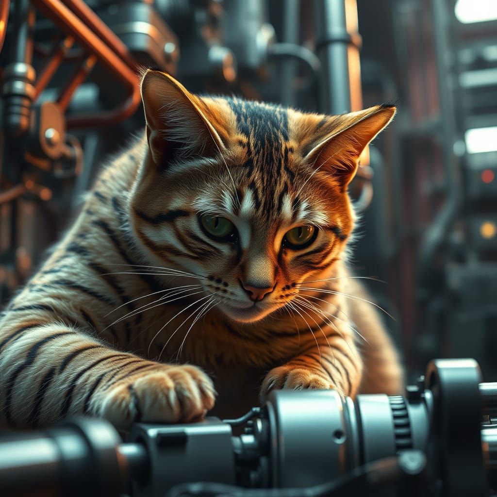 Cyberpunk Cat Factory Worker in Polished Metal Hues