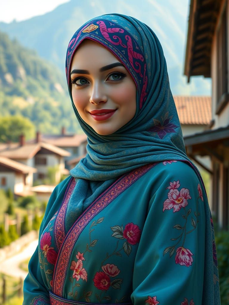 Elegant Georgian Hijabi Woman in Vibrant Village Setting