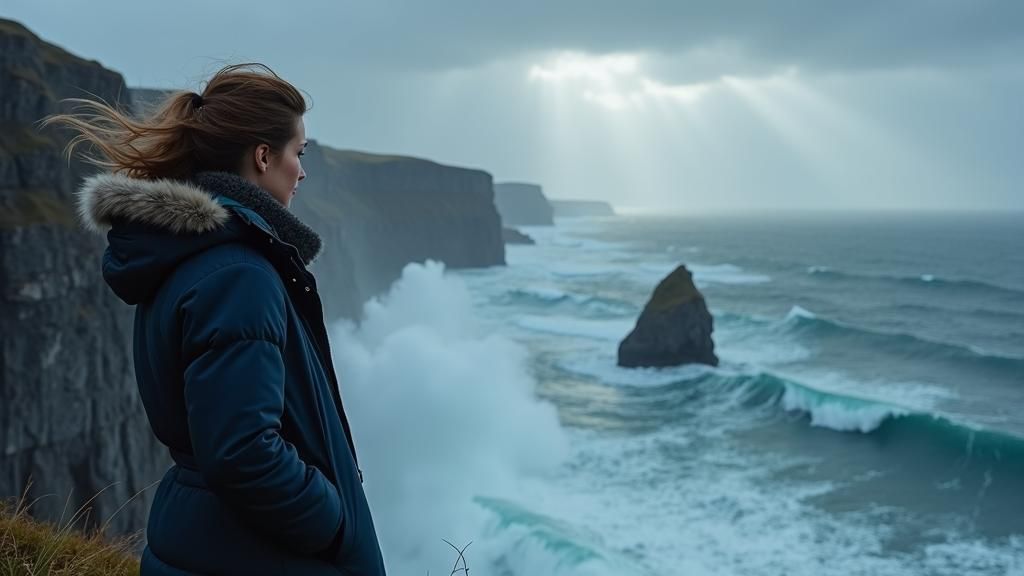 Woman Gazes at North Sea Cliffs in Cinematic Style
