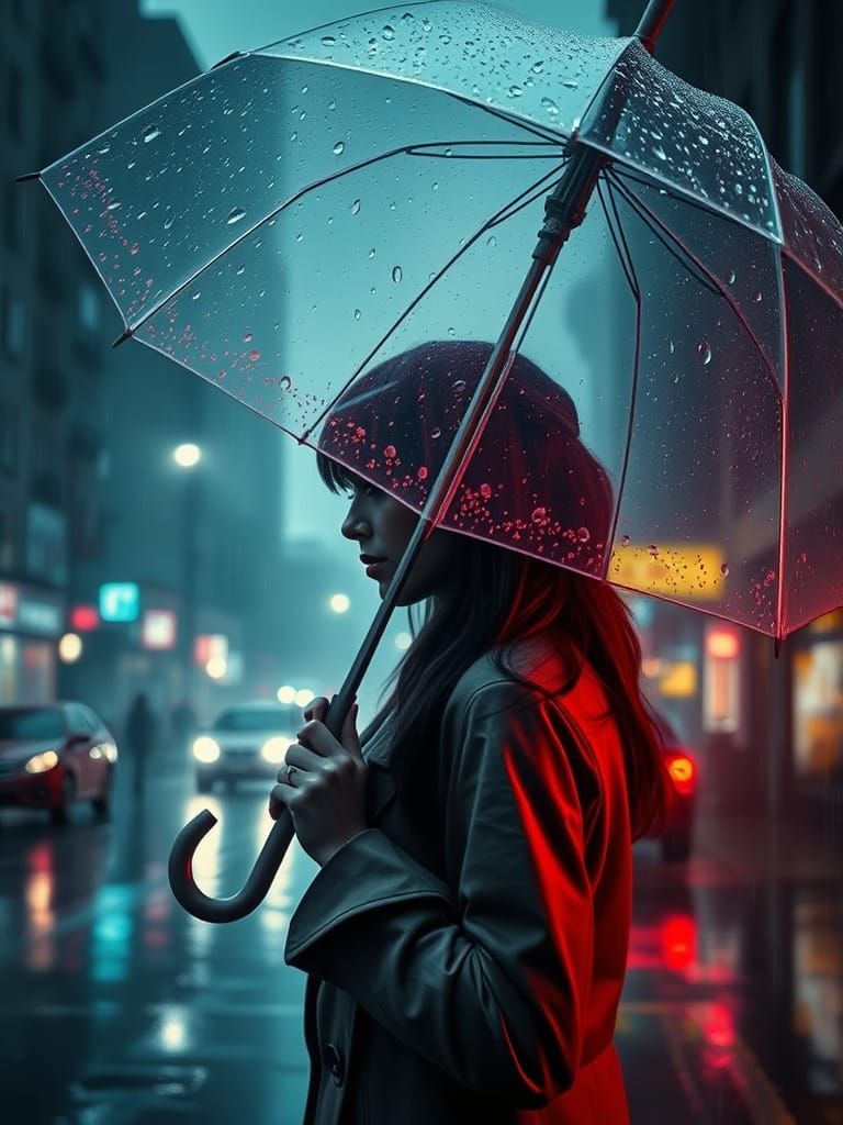 Misty City Street Scene with Transparent Umbrella