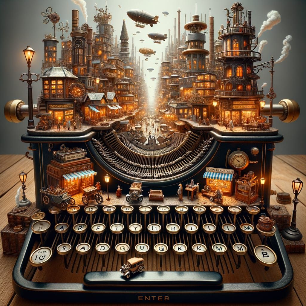 Steampunk Cityscape Inside an Antique Typewriter