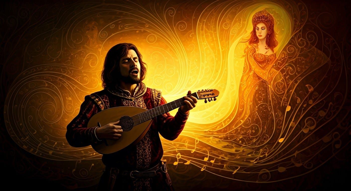 Medieval Bard's Mystical Song in Dreamlike Silhouette