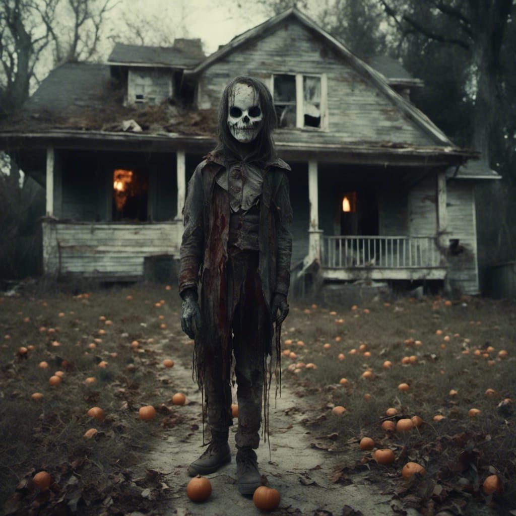<lora:Macabre:1.0> <lora:Beautify:1.0> A ghost vampire trick or treating in a typical suburban American cul-de-sac.