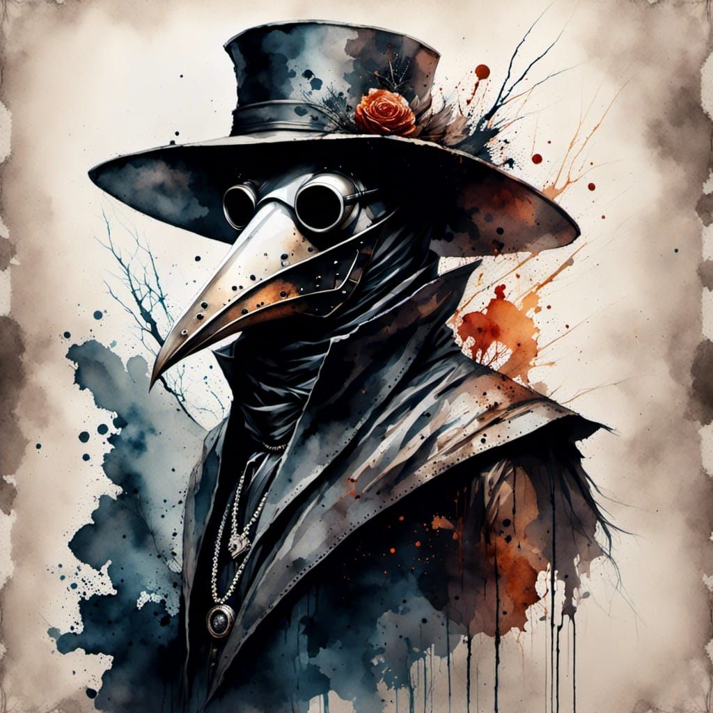 Watercolor Plague Doctor in Horror Film Style