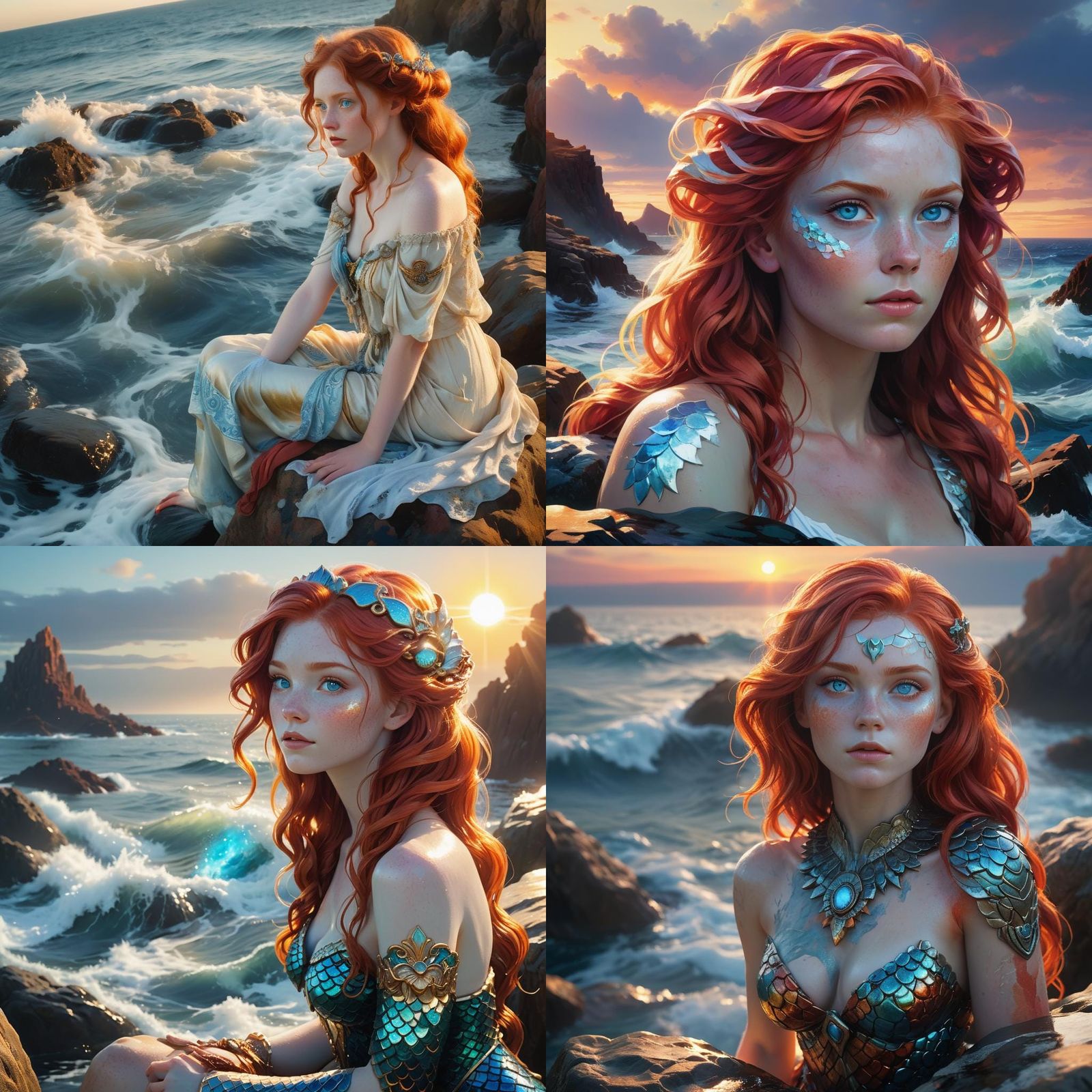 Red-Haired Mermaid Watching Sunset, Digital Art