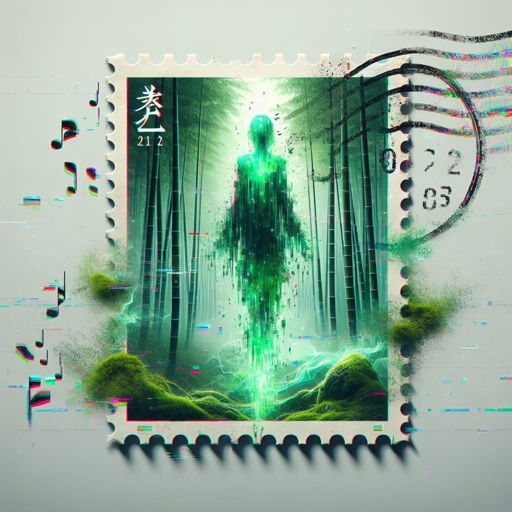 Mysterious Stamp with Glowing Forest in Glitch Art Style