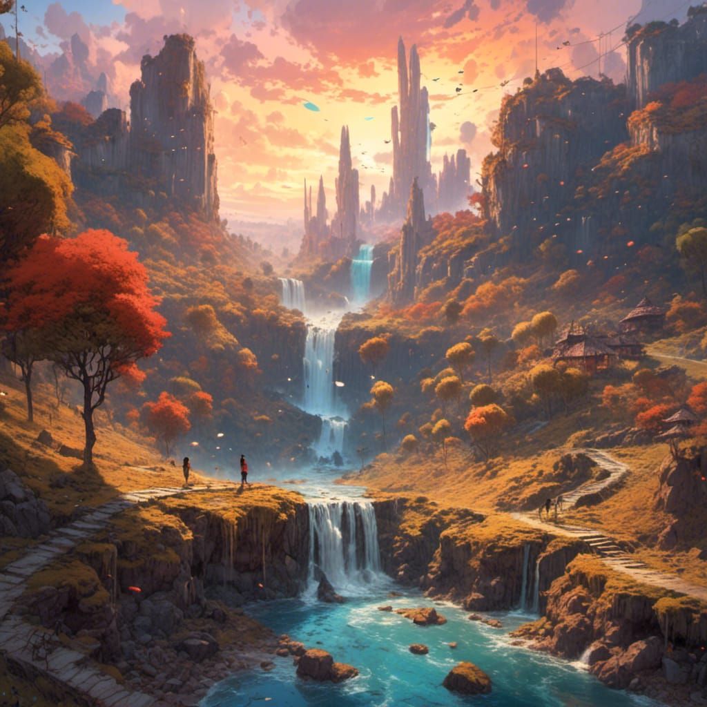 Waterfall and city garden