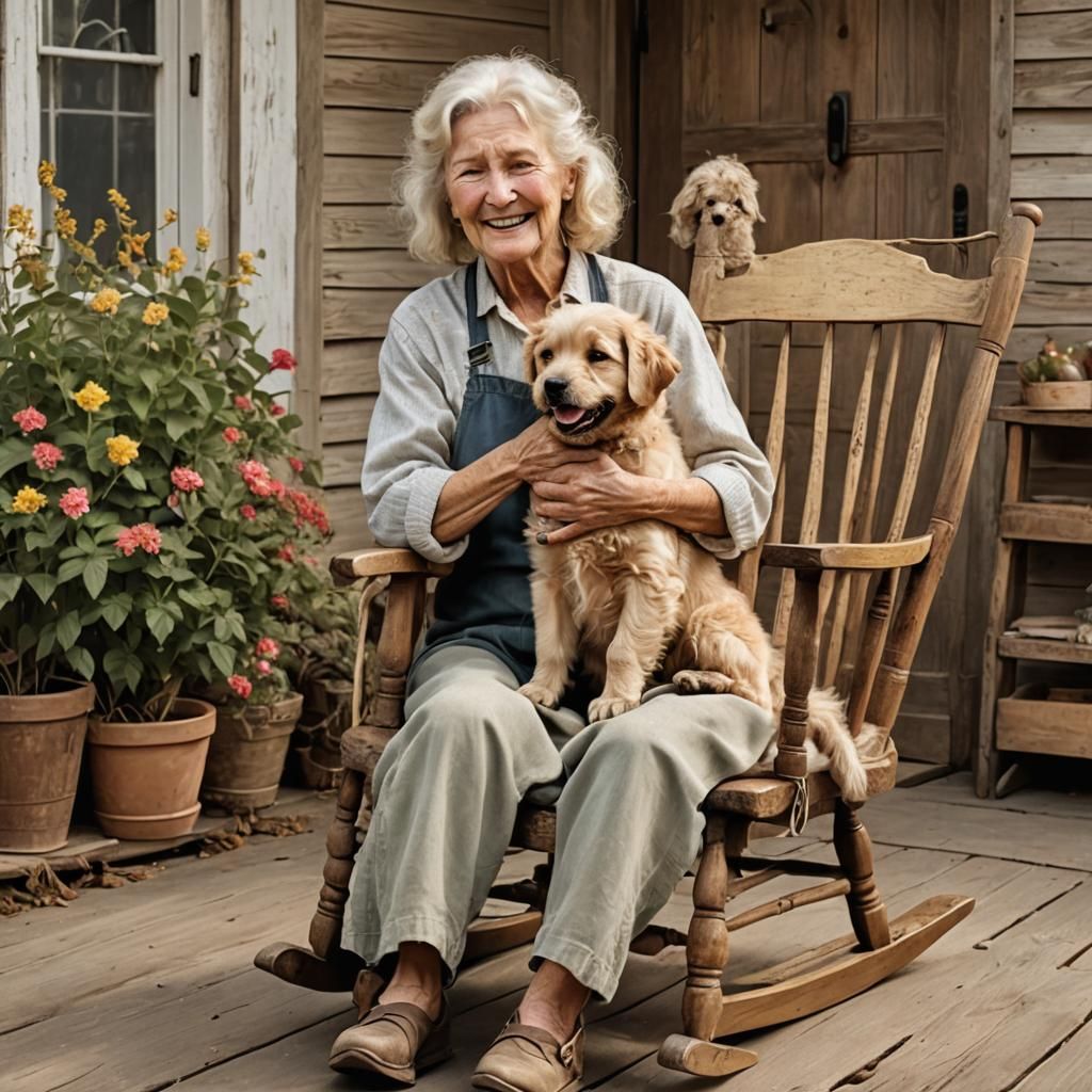 Girl Comforts Elderly Woman with Puppy