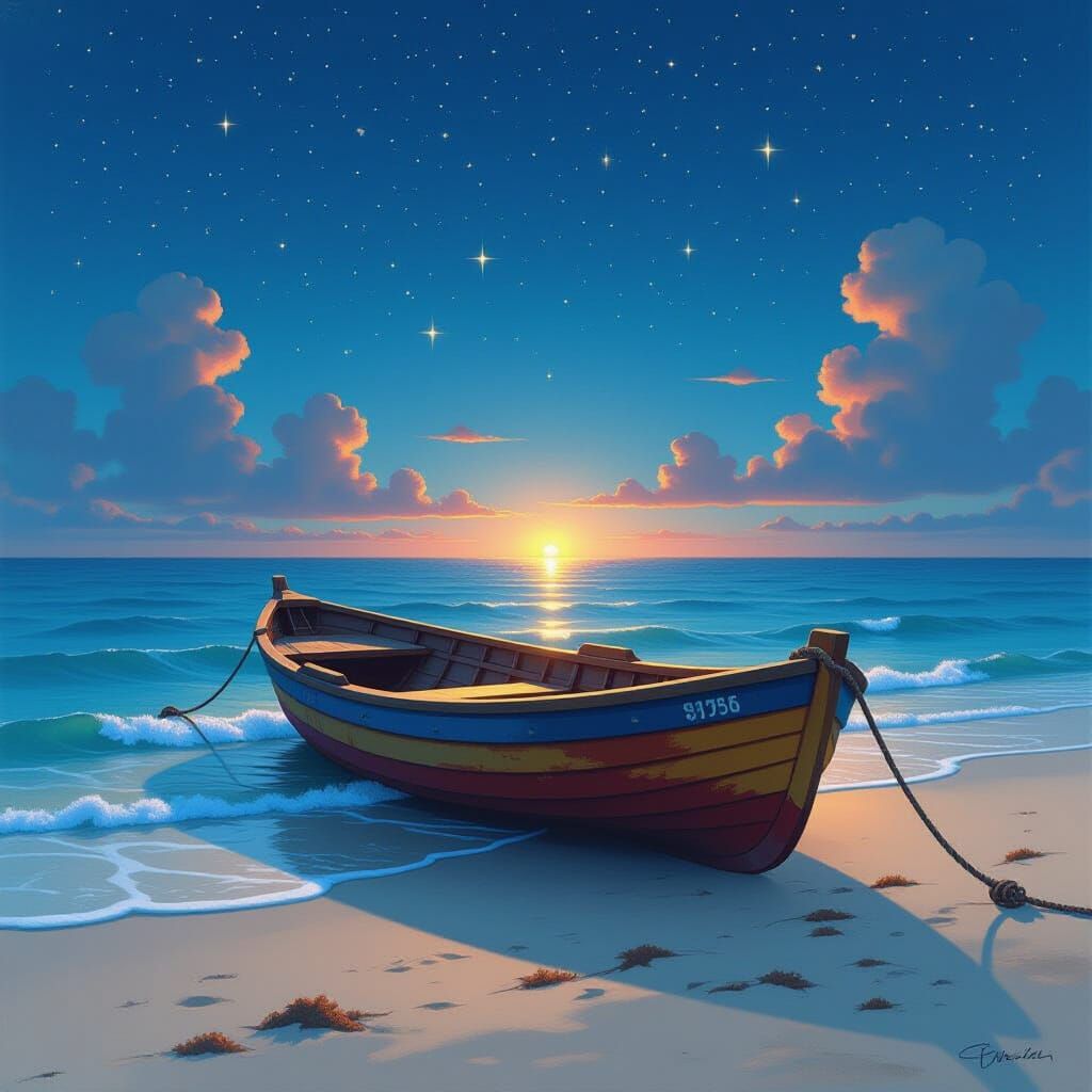Rowboat on Beach Under Starry Sky