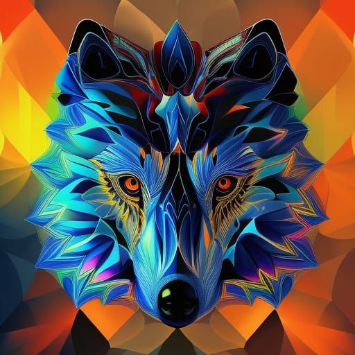 Chrome Wolf with Orange Eyes in Art Nouveau Style