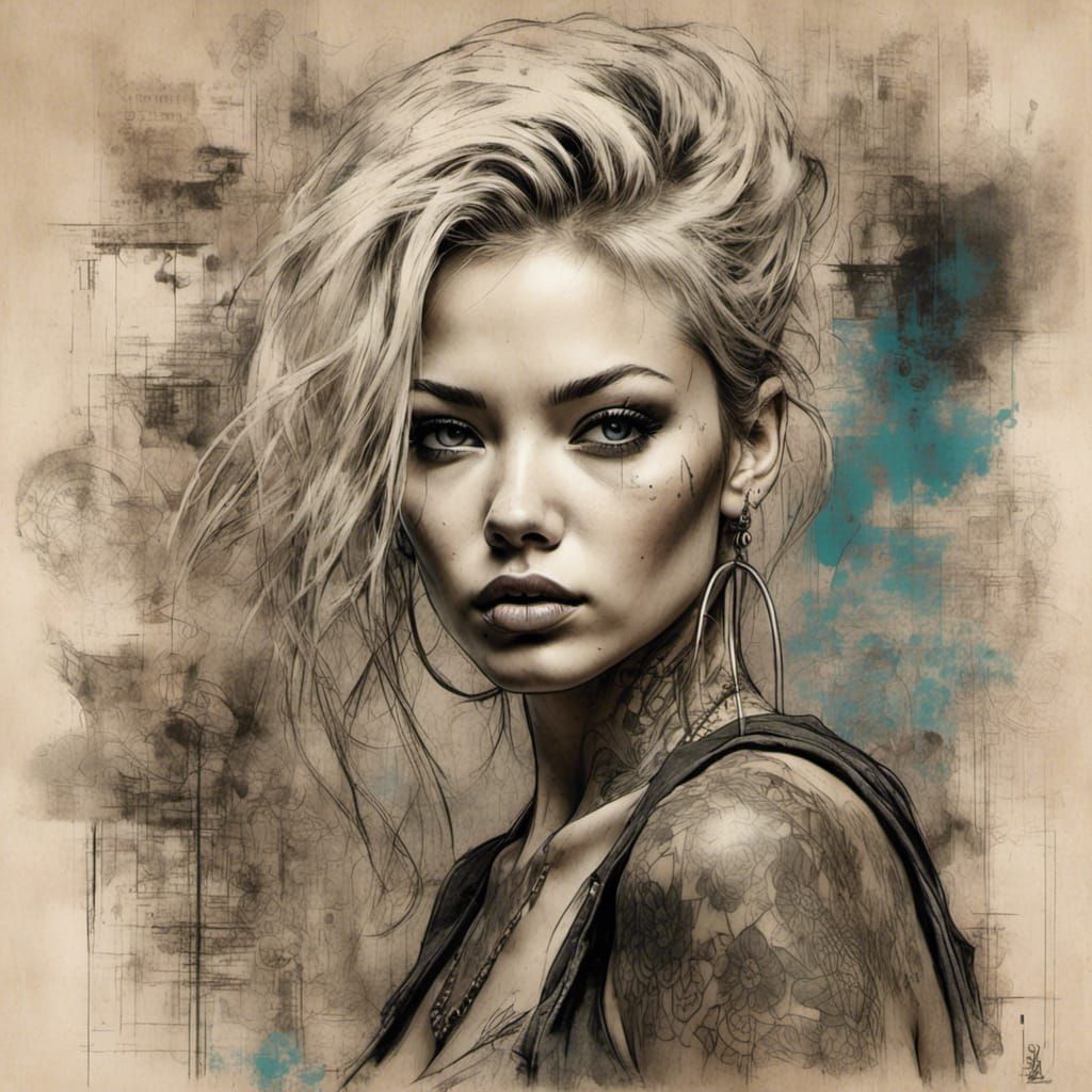 Rockabilly Tattoo Sketch in Double Exposure Style