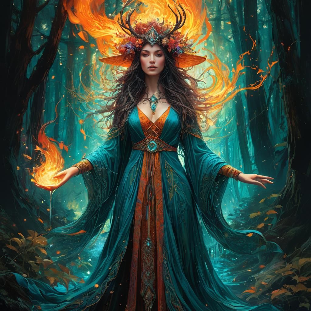 Enchanting Elemental Witch in Vibrant Pastel Hues