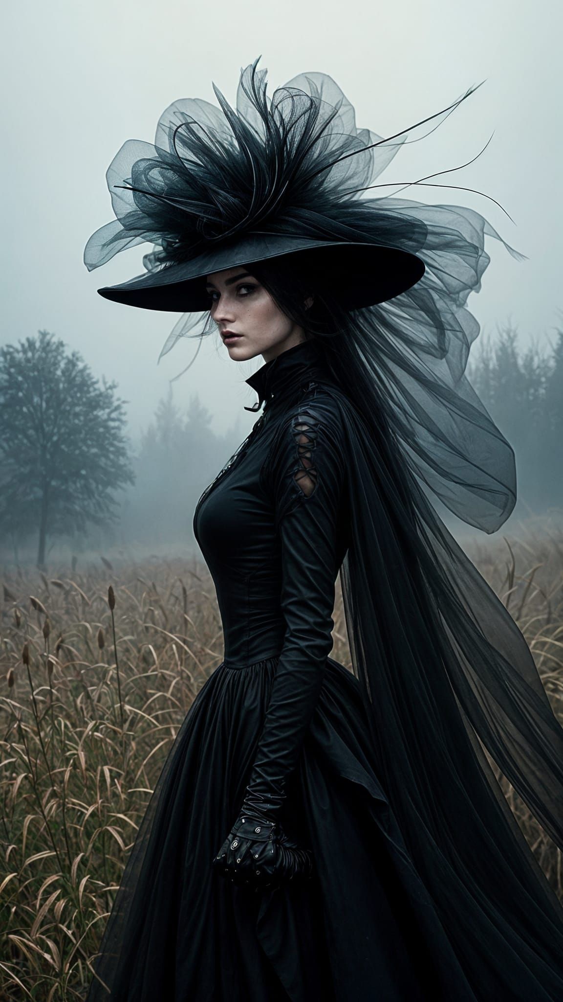 Gothic Black Dress in a Dreamlike Landscape