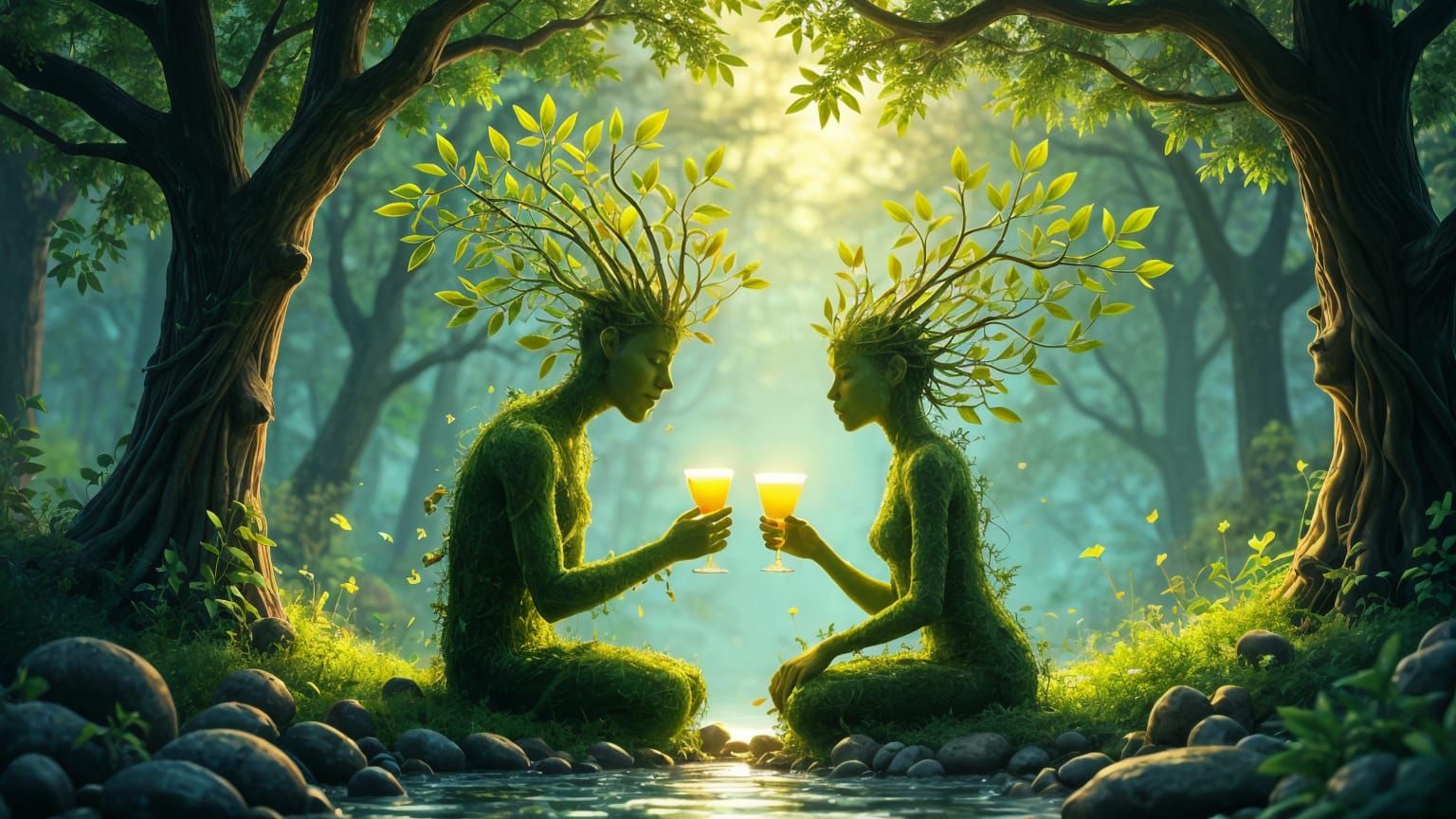 Plant Beings Share Limoncello in Anime Forest