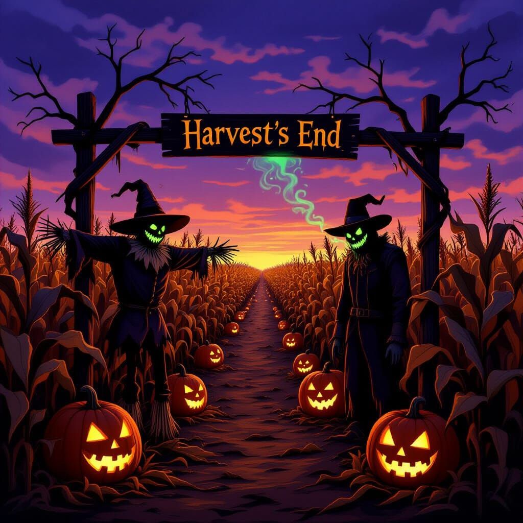 Twilight Cornfield Maze with Haunted Scarecrow