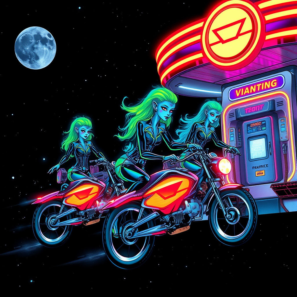 Alien Teens Fueling Cycles at Space Gas Station