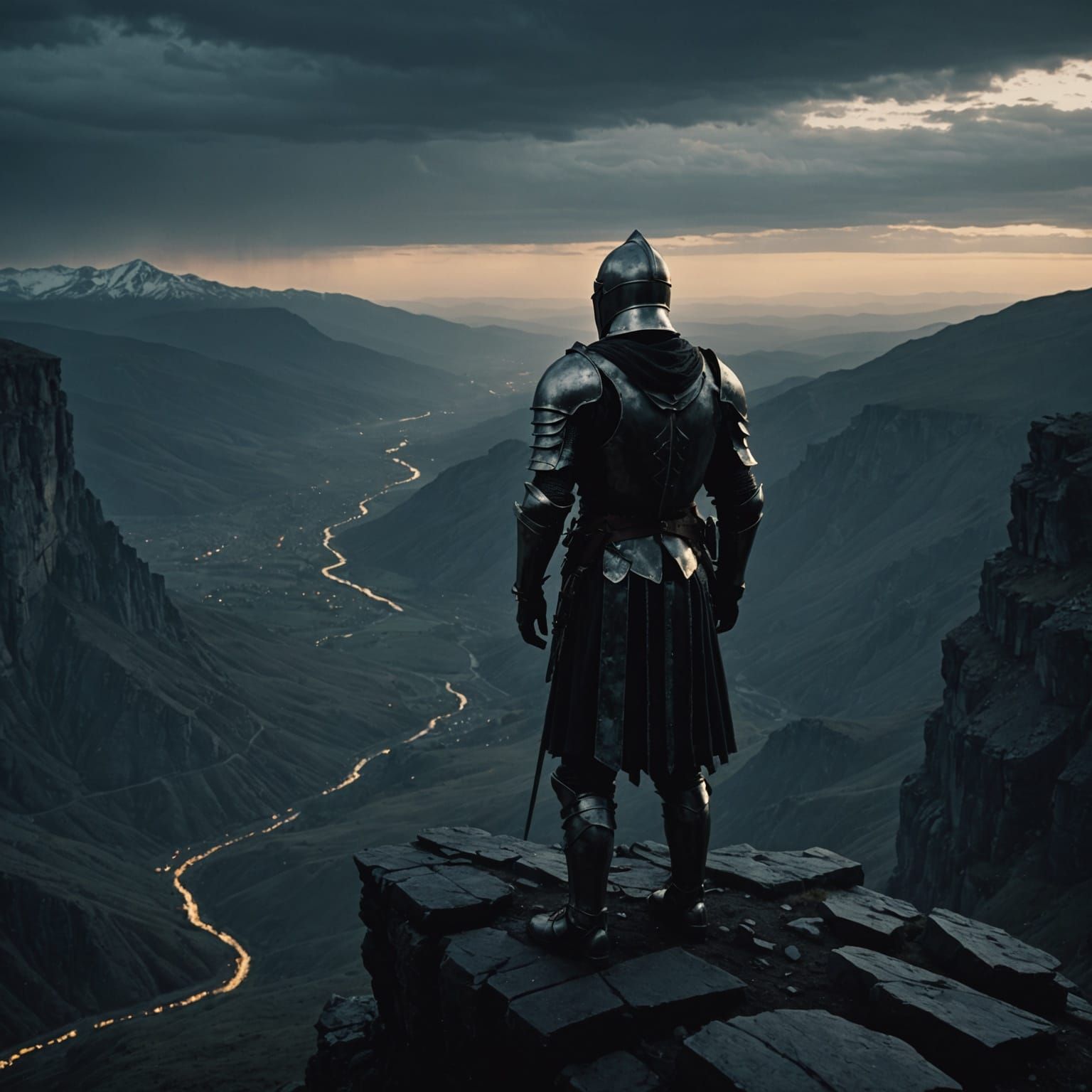 Knight Overlooking Twilight Valley in Dark Fantasy Style