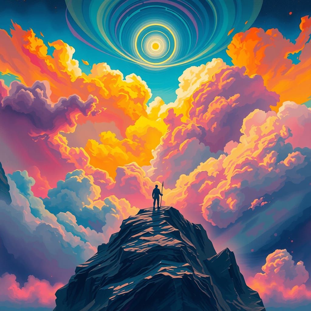 Lone Figure Amid Swirling Clouds in Ethereal Style