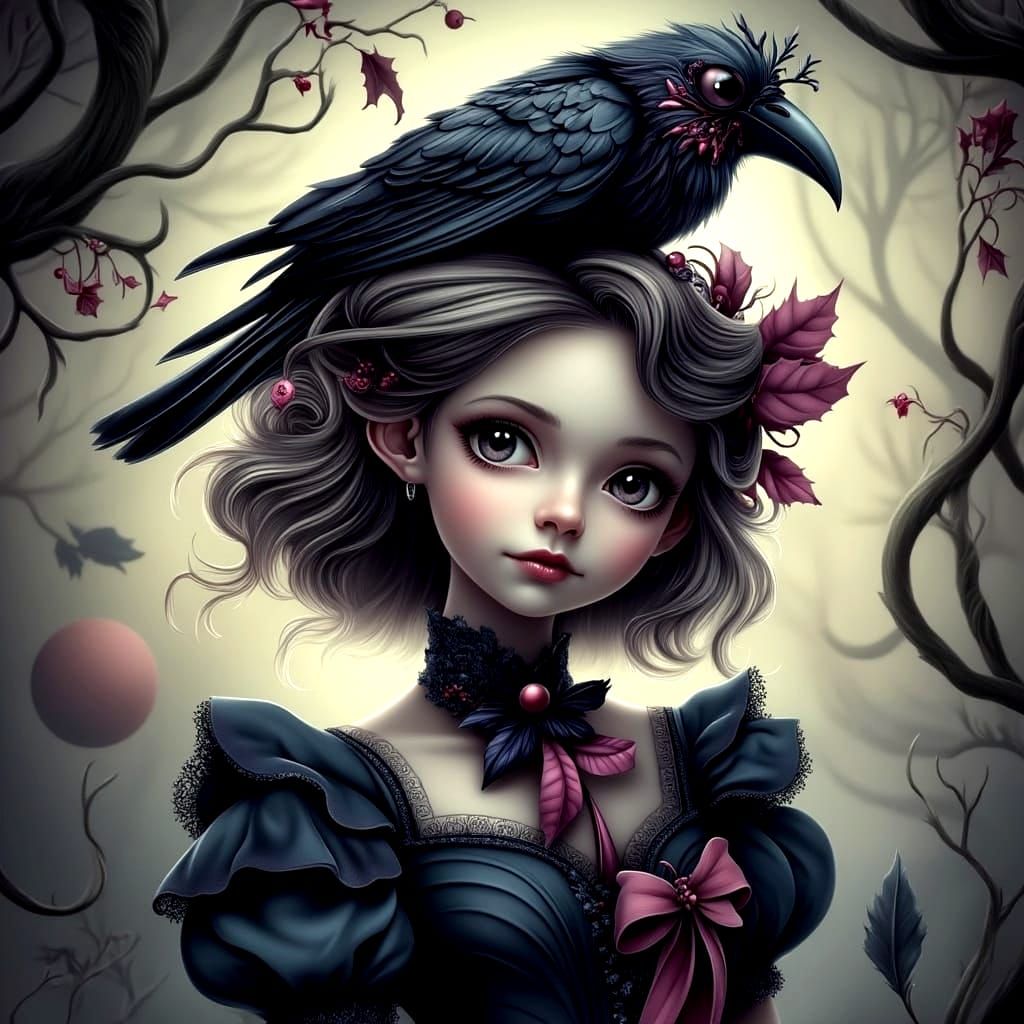 Whimsical Victorian Girl in Moonlit Gothic Forest