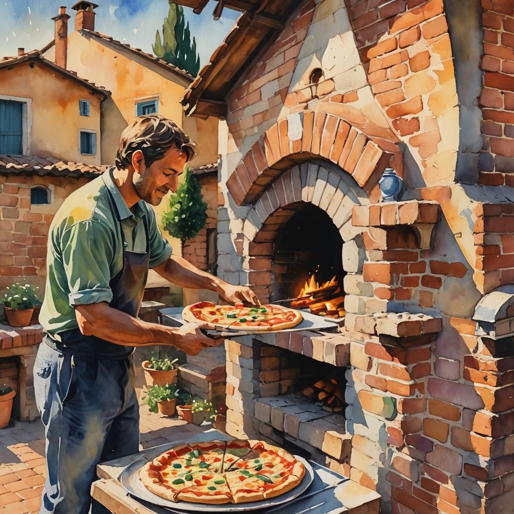 Italian Countryside Pizza in Fauvist Watercolor Style
